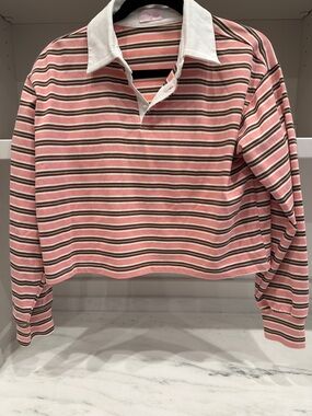 Pink Lily small Striped Pink & White Rugby Polo crop top.  Like new
